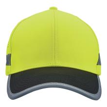 Close-up of neon yellow baseball cap crown with center seam and black curved brim with gray edging and visible stitching