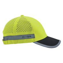 High-visibility yellow cap with perforated panels, small top button, reflective gray strip across back and dark curved brim
