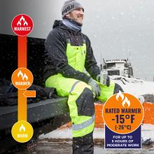 Jacket is rated warmer to -15 degrees fahrenheit or -26 degrees celsius for up to 5 hours of moderate work.