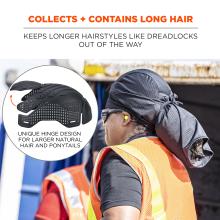 Person wearing black durag with ponytail, orange safety vest and yellow earplugs; inset of black ventilated helmet liner panels.