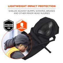 Black padded cap with molded protective insert next to a worker wearing a tied headwrap, safety vest, earplugs and sunglasses