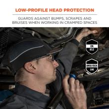 Low-profile head protection: Guards against bumps, scrapes and bruises when working in cramped spaces. Compliant to ANSI/ISEA 100 and EN 812 standards.
