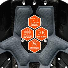 Gray padded fabric on black textured shell with white holes; orange hex labels: Padded Comfort, Moisture Wicking, Non-Bulky, Anti-Odor Treatment