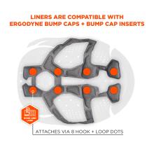 Gray fabric helmet liner inside a white helmet shell with eight orange attachment dots, hook-and-loop icon and orange heading above.
