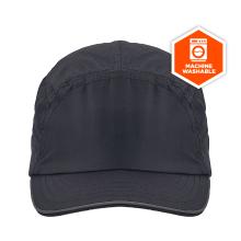 Front view of dark gray perforated cap with curved brim and an orange hexagon machine-washable icon at top right.