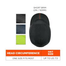 Top view of a black perforated cap with short brim and orange measurement arrow; polka-dot color swatches left and orange sizing chart.
