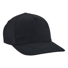 Black cap with solid front panel, mesh back panels, and curved brim, shown at an angled close-up.