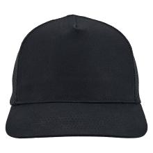 Close-up of black cap front panel with mesh side panels and stitched curved brim