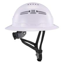 Profile view of white full brim safety helmet