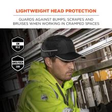 Lightweight head protection: Guards against bumps, scrapes and bruises when working in cramped spaces. Compliant to ANSI/ISEA 100 and EN 812 standards.