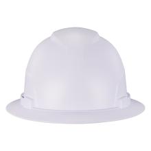 Front of white lightweight full brim hard hat