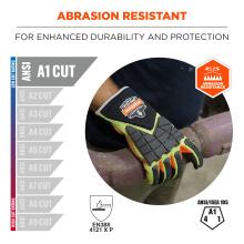 Green, black and orange protective glove with textured palm gripping a rusty metal pipe, shown with Abrasion Resistant label and safety icons