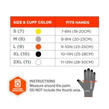 Size chart showing S(7) to 2XL(11) with colored cuff dots and hand width ranges in inches/cm, plus machine-washable icon and glove diagram.