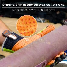 Close-up of an orange dotted suede glove palm with raised non-slip dots, magnified circular inset and a black wrist strap with clip.
