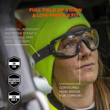 The design offers a full field of vision and a low-profile fit. They come with a chemical-resistant neoprene strap that is adjustable and easy to clean. Additionally, the contoured nose bridge enhances comfort. The goggles are certified to meet EN 166, ANSI/ISEA Z87.1+, and CSA Z94.3 standards.
