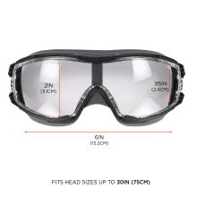 The goggles measure 2IN (5.1CM) in height on the left lens and 0.95IN (2.4CM) on the right lens, with a total width of 6IN (15.2CM). They fit head sizes up to 30IN (75CM).