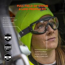 The design provides a full field of vision with a low-profile fit. An adjustable elastic strap, which is soft and woven, ensures secure and comfortable wear. The contoured nose bridge adds to the comfort. The goggles meet safety standards EN 166, ANSI/ISEA Z87.1+, and CSA Z94.3.