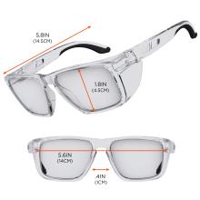 The safety glasses feature temples that measure 5.8 inches (14.5 cm) in length. The lens height is 1.8 inches (4.5 cm), the frame width is 5.6 inches (14 cm), and the bridge (distance between lenses) is 0.4 inches (1 cm).