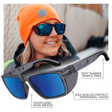 These glasses feature soft rubber temple pads for added comfort, a contoured nose bridge, and integrated side shields to protect peripheral vision.