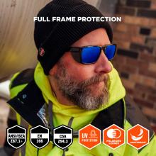 The glasses provide full frame protection and filter 99.9% of harmful UV rays. They are lightweight and certified to meet ANSI/ISEA Z87.1+, EN 166, and CSA Z94.3 standards. They are also equipped with polarized lenses for additional eye protection.