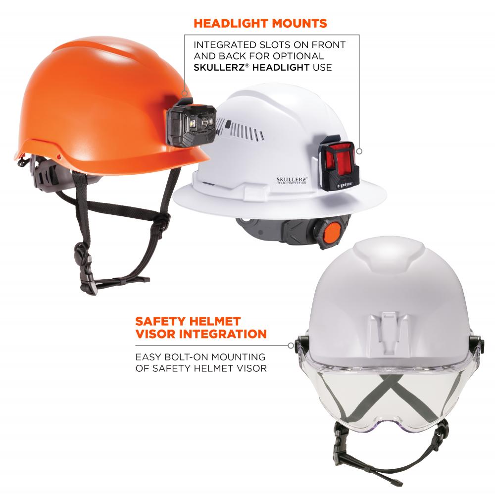 Headlight mounts: integrated slots on front and back for optional Skullerz Headlight use. Safety helmet visor integration: easy bolt-on mounting of safety helmet visor