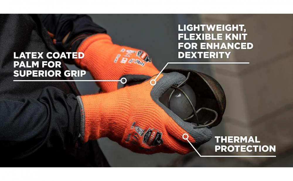 Latex coated palm for superior grip, lightweight flexible knit for enhanced dexterity, thermal protection