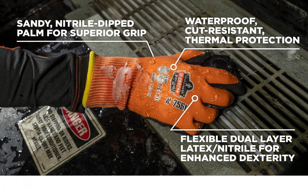Sandy nitrile dipped palm for superior grip; waterproof, cut-resistant thermal protection; flexible dual-layer latex/nitrile for enhanced dexterity