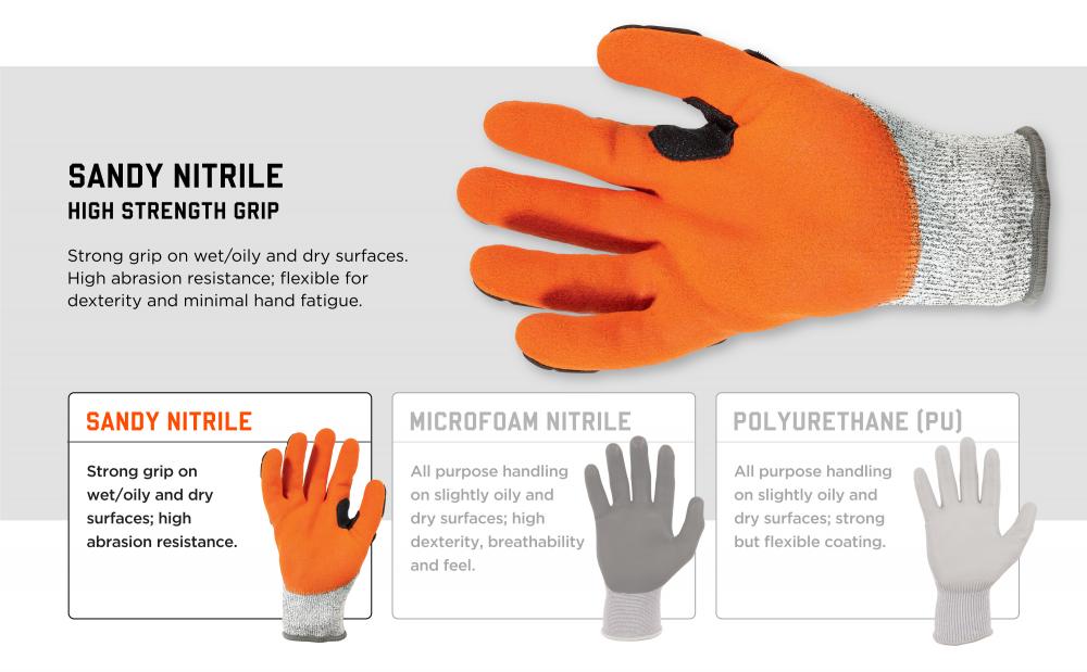 Sandy Nitrile: High Strength grip. Strong grip on wet/oily and dry surfaces. High abrasion resistance; flexible for dexterity and minimal hand fatigue.