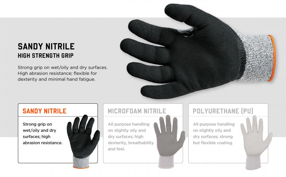 Sandy Nitrile: High Strength grip. Strong grip on wet/oily and dry surfaces. High abrasion resistance; flexible for dexterity and minimal hand fatigue.