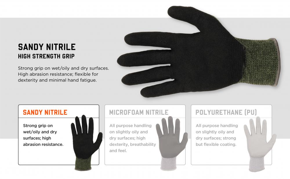 SANDY NITRILE: High strength grip. Strong grip on wet/oily and dry surfaces