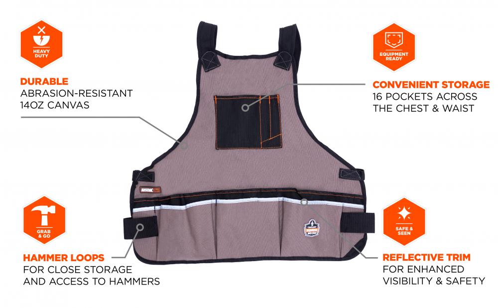 Durable: abrasion-resistant 14oz canvas. Hammer loops: for close storage & access to hammers. Convenient storage: 16 pockets across the chest & waist. Reflective trim: for enhanced visibility & safety