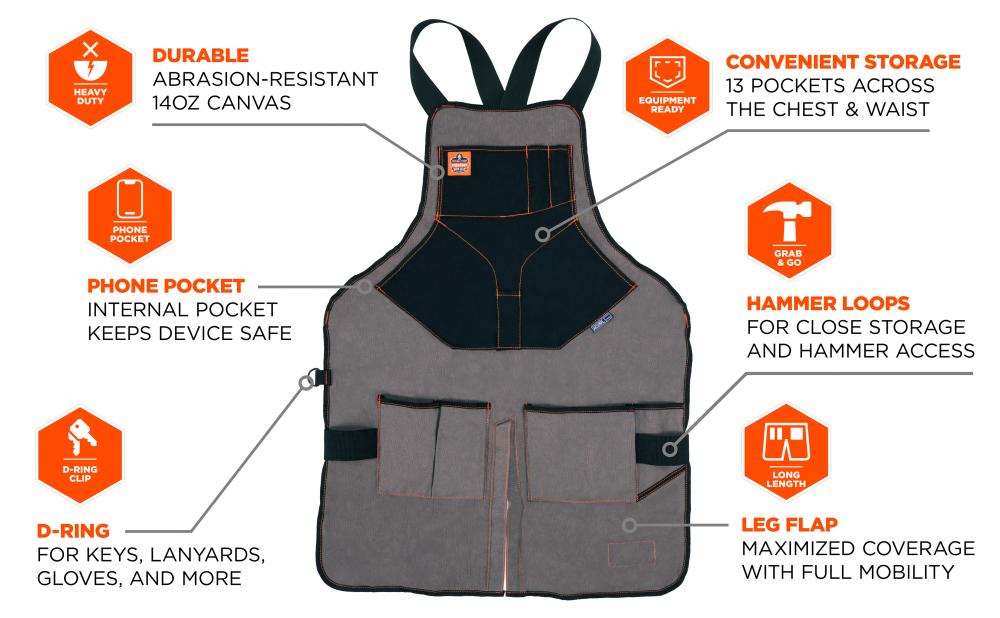 Durable: abrasion-resistant 14oz canvas. Hammer loops: for close storage & access to hammers. Convenient storage: 13 pockets across the chest & waist.  Phone pocket: internal pocket keeps devices safe. D-ring: for keys, lanyards, gloves & more. Leg flap: maximized coverage w/full mobility