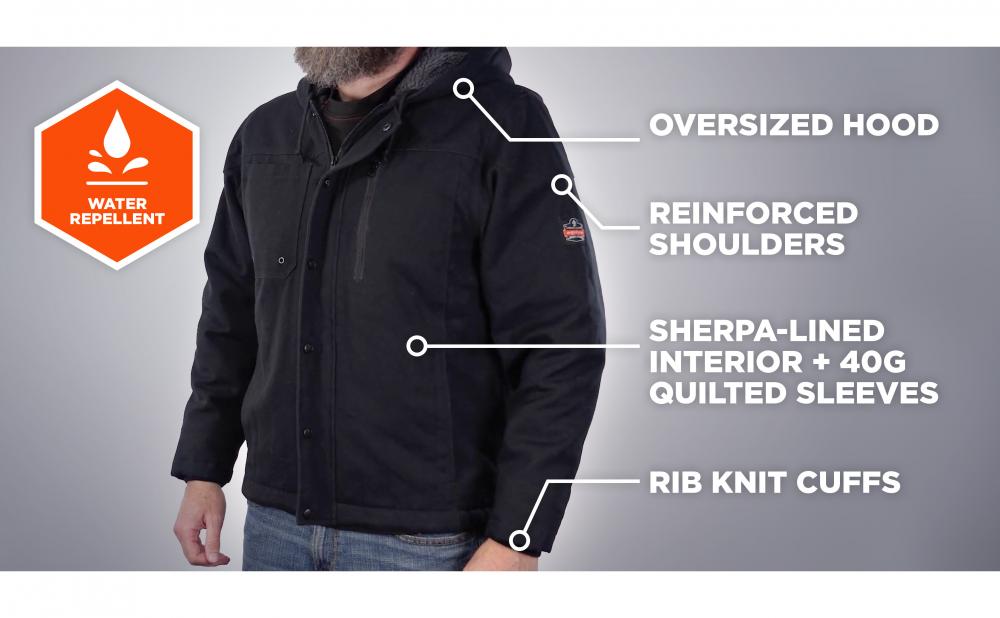 Water repellent. Oversized hood. Reinforced shoulders. Sherpa-lined interior + 40g quilted sleeves. Rib knit cuffs.