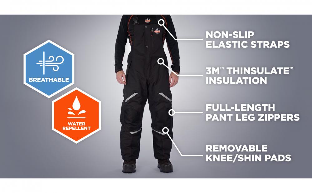 Breathable, water repellent. Non-slip elastic straps, 3M Thinsulate insulation, full-length pant leg zippers, removable knee/shin pads