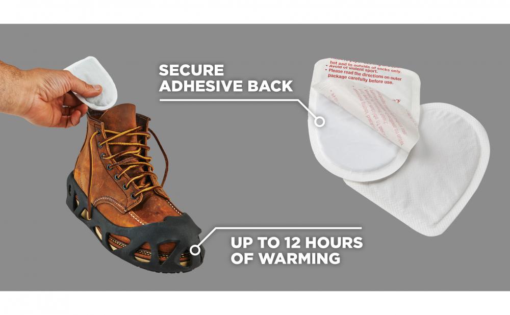 Up to 12 hours of warming. Secure adhesive back. Image shows hand putting warmer into boot