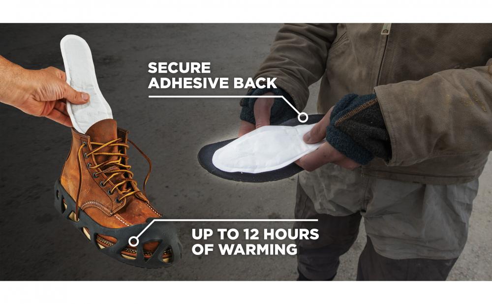 Secure adhesive back. Up to 12 hours of warming. Image of person applying warmer to shoe insole