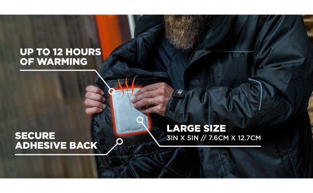 Up to 12 hours of warming. Secure adhesive back. Large size (3in x 5in / 7.6cm x 12.7cm). Image shows man attaching warmer to inside of jacket.