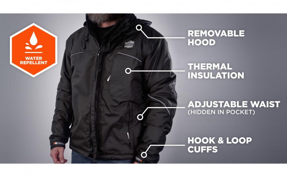 Water repellent. Removable hood. Thermal insulation. Adjustable waist (hidden in pocket). Hook & loop cuffs. 