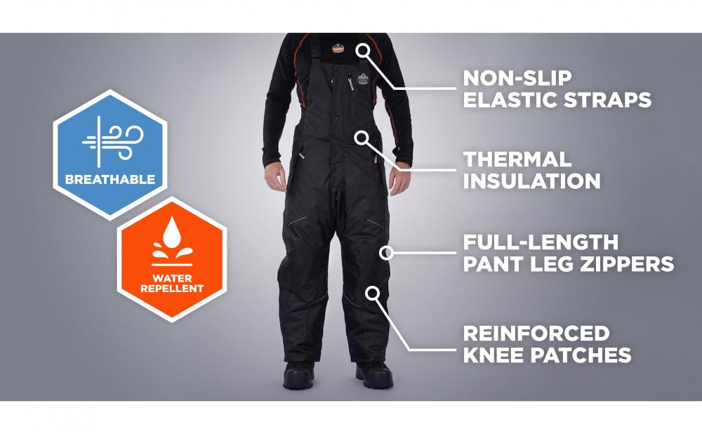 Breathable. Water repellant. Non-slip elastic straps. Thermal insulation. Full length pant leg zippers. Reinforced knee patches