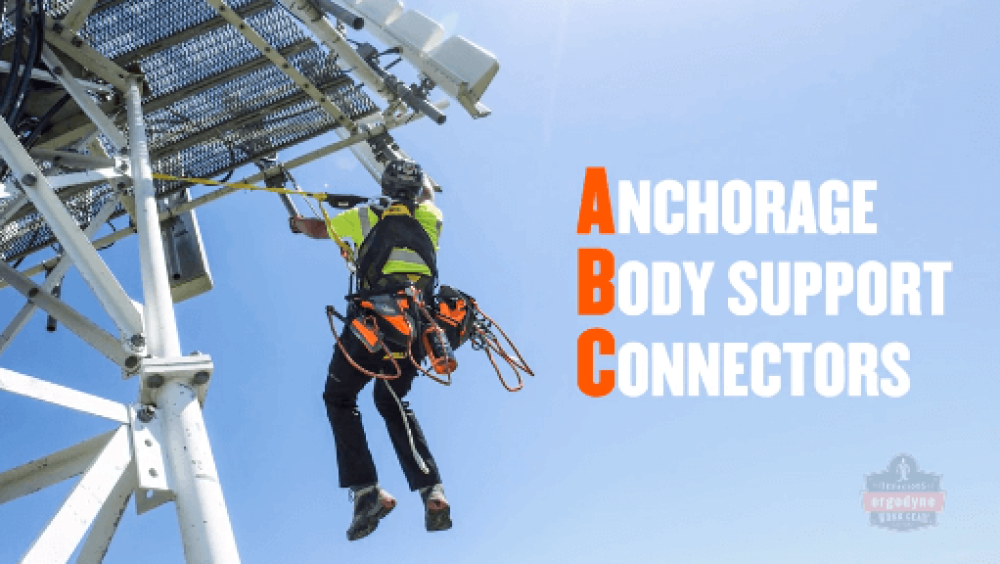 Anchorage Body Support Connectors. Worker shown suspended from tower.