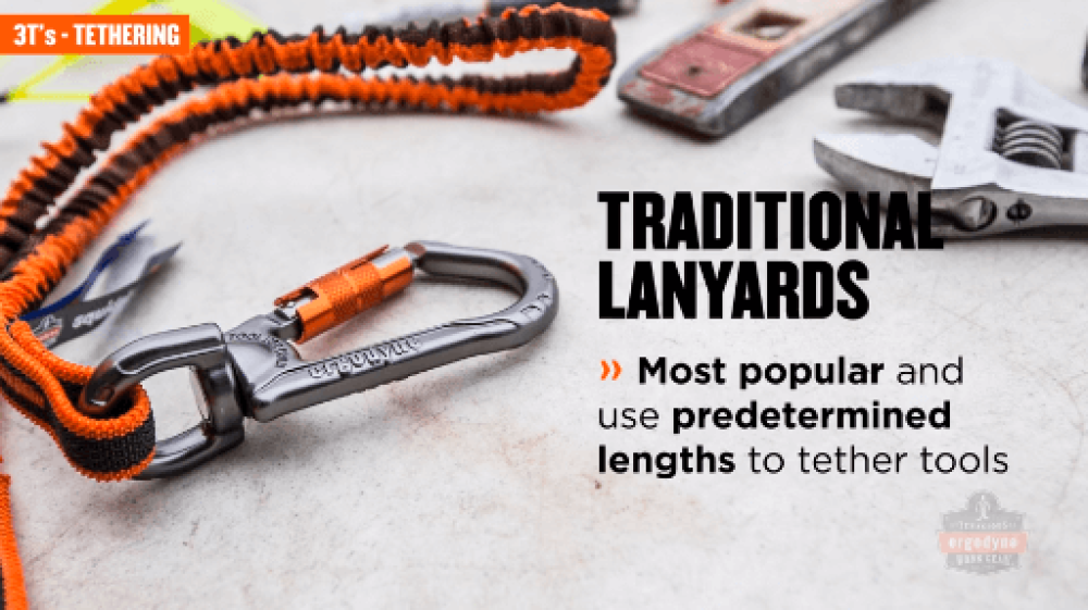 Tethering - Traditional Lanyards. Most popular and use predetermined lengths to tether tools