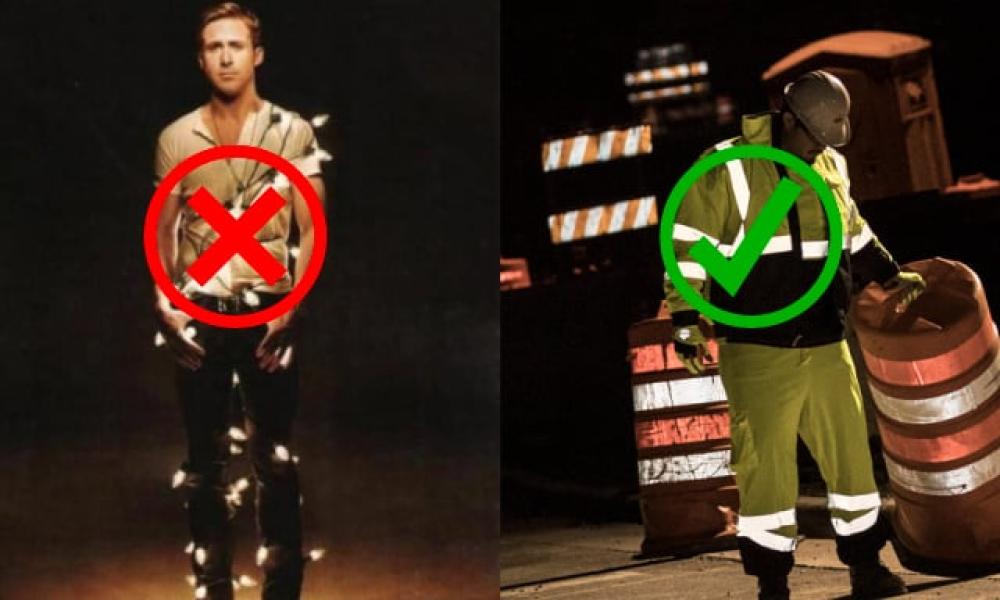 Left side: don't do. Right side: correct hi-vis