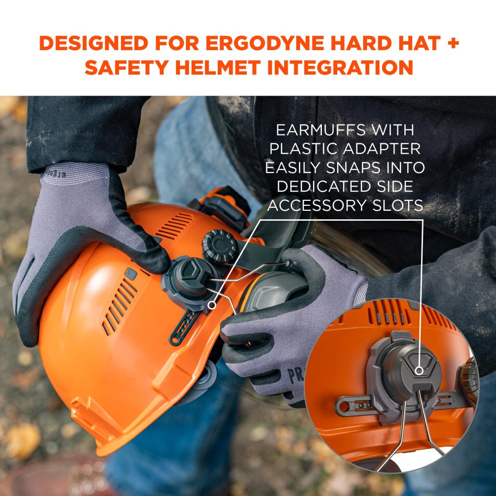 Designed for ergodyne hard hat and safety helmet integration. earmuffs with plastic adapter easily snap into dedicated side accessory slots