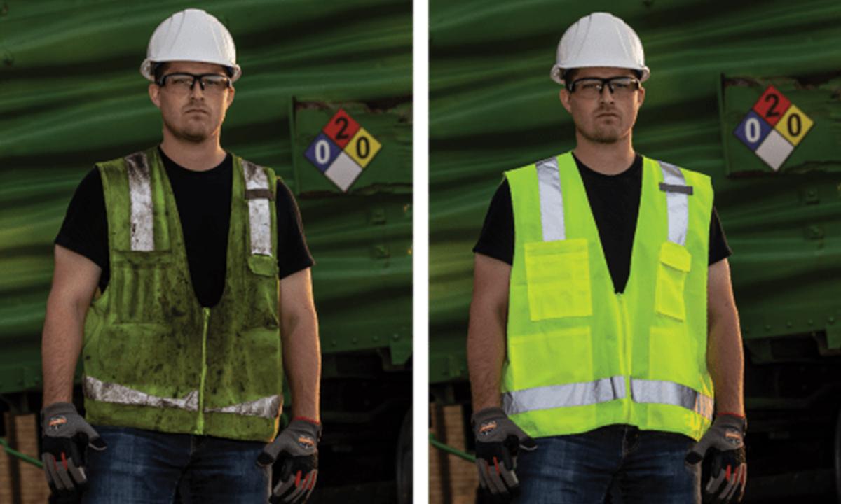 Worker wearing an old vs. used high visibility vest