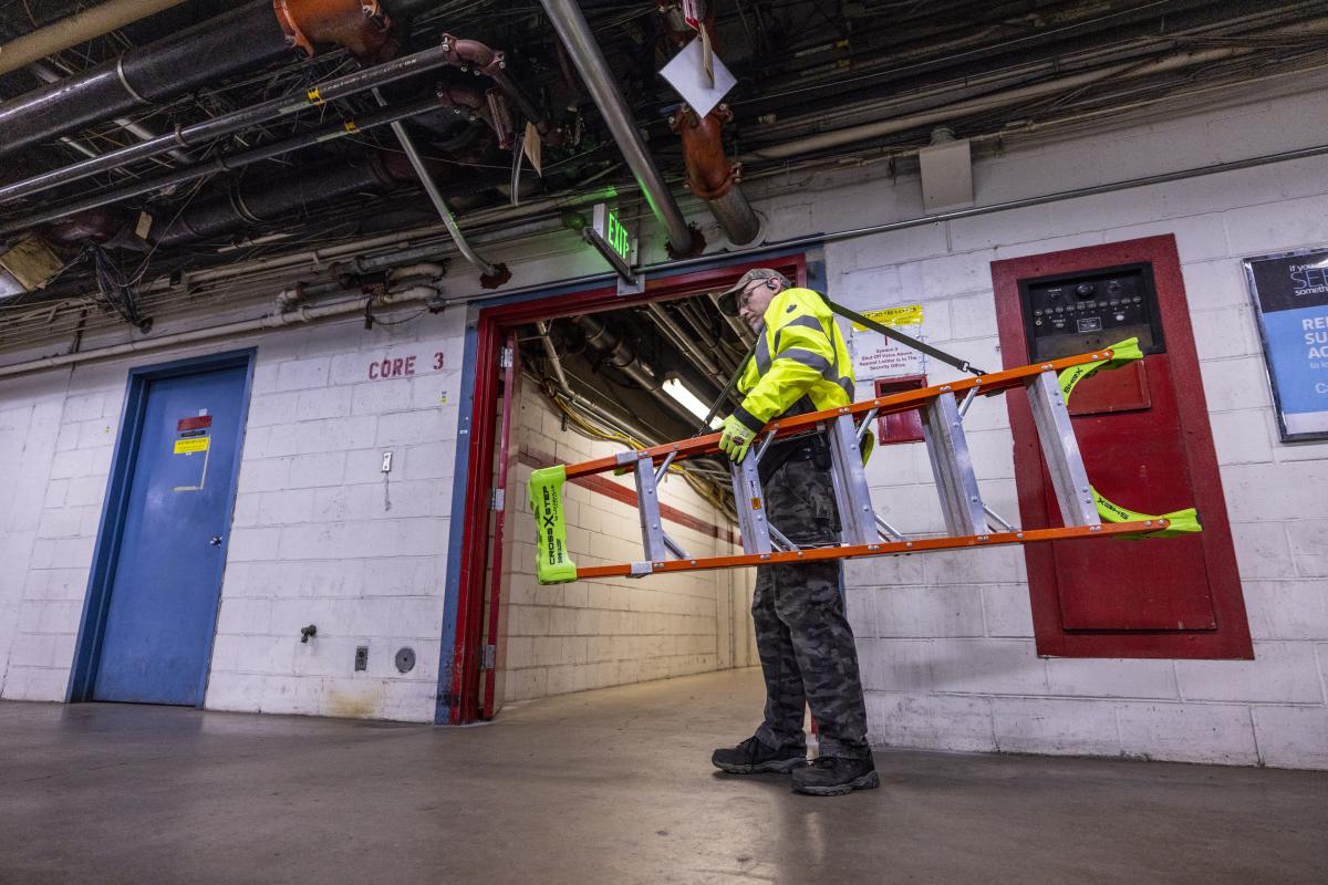 Man carrying a ladder with the ladder carrier