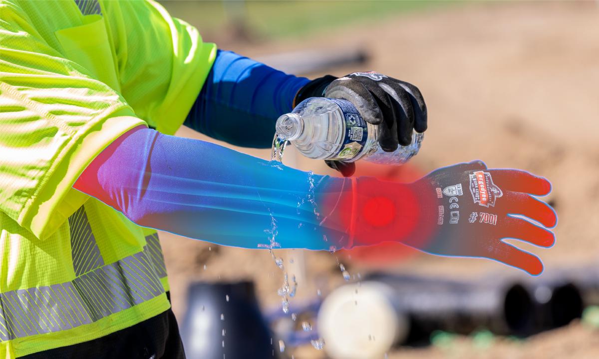 Worker pouring water on Ergodyne cooling sleeves to cool off pulse points Worker pouring water on Ergodyne cooling sleeves. Red dots along the wrist and finger tips to indicate pulse points