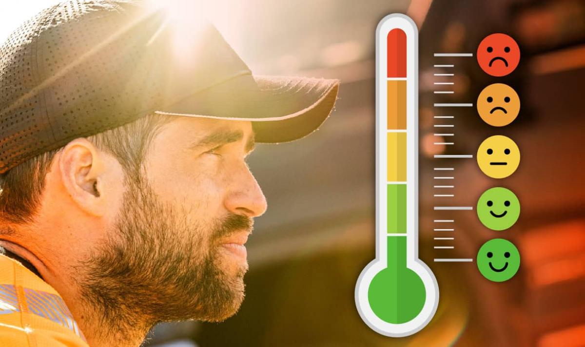 Worker in the sun with thermometer indicating heat environment danger
