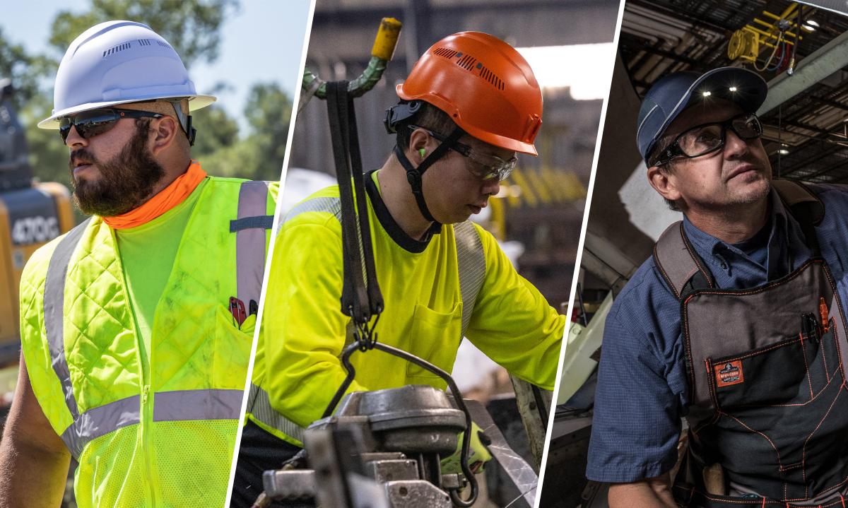 Workers wearing a hard hat, safety helmet and bump cap in different working situations