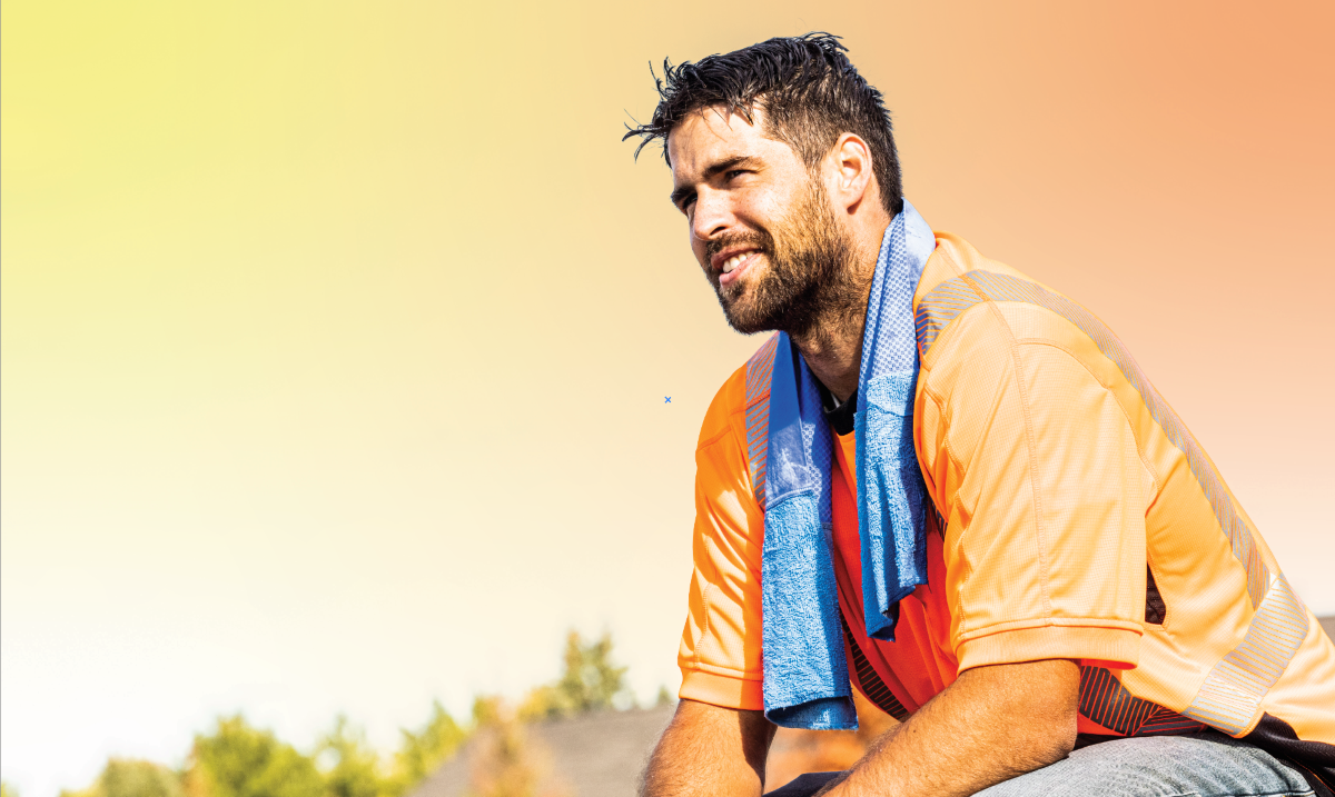 Worker resting with a cooling towel around neck