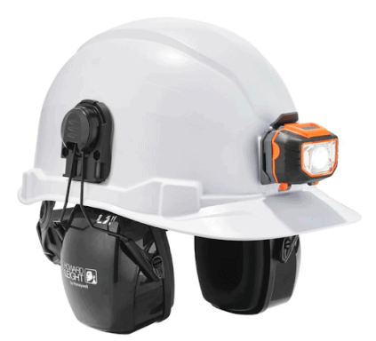 White hard hat with earmuffs and LEDs